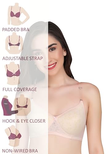 Image of Flower Print Bra for Women - Made of Pure Cotton Full Coverage Non Wired Pushup Soft Cup for T-Shirt Saree Dress Sports Garment for Daily Use Everyday