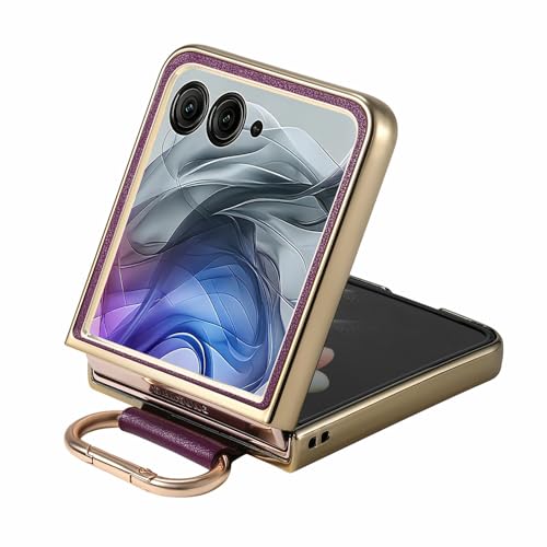 Image of for Motorola Razr 50 Ultra 5G Case Electroplating Leather Coated PC Phone Cover with Spring Ring Buckle Kickstand - Purple