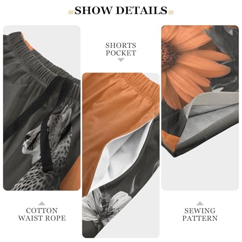 Mens Sleep Shorts Cheetah Floral, Elastic Pajama Pants Sleepwear with Pockets S4