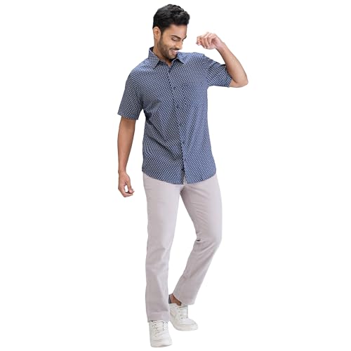 Image of Colorplus Men's Regular Fit Print Pattern Pure Cotton Plain Collar Half Sleeve Casual Shirt