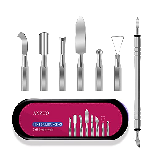 ANZUO Cuticle Pusher Set 8 in 1 Replaceable Dead Skin Nail Cleaner Tools, Stainless Remove Gel Nail Polish Kit, Cutter and Trimmer Manicure and Pedicure Tools for Fingernail and Toenails
