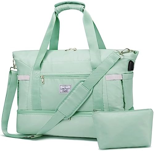 Laripwit Travel Duffle Bag with Shoes Compartment Double Layer Weekender Overnight Bag for Women Gym Tote Bag Traveling Carry On Duffel for Hospital with Toiletry Bag & USB Charging Port, Green