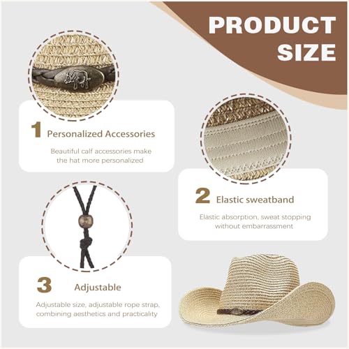 Image of Straw Cowboy Hats Western Cowgirl Hat for Holiday Woven Beach Sun Hat with Shapeable Wide Brim Cowboy Hat for Women /Men