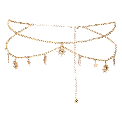Gold Chain Belt Metal Adjustable Waist Link Belt Elegant Multilayer Skinny Chain Waistband Sun and Moon Decor Belts Straps for Women Dresses Western Jeans Sweater Coat Supplies