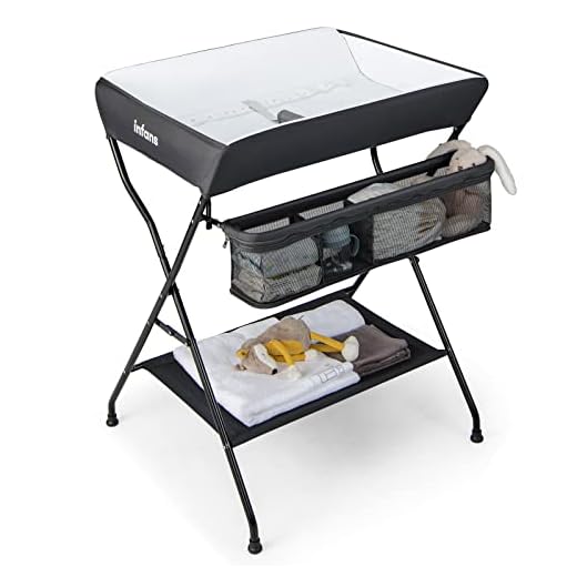 INFANS Baby Changing Table, Folding Diaper Station Portable Nursery Organizer with Safety Belt and Large Storage Racks for Newborn Baby and Infant (Black)
