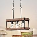 HOXIYA Farmhouse Kitchen Island Light, 3 Lights Pendant Lighting Fixture, Rustic Wood Chandelier, Adjustable Height Metal Linear Light for Dining Room Kitchen Bar Pool Table.