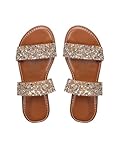 Verdusa Women's Glitter Rhinestone Flat Sandals Open Toe Double Strap Summer Slip on Slides Brown 9
