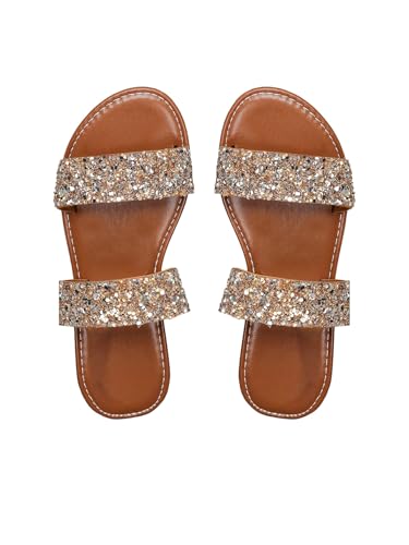 Verdusa Women's Glitter Rhinestone Flat Sandals Open Toe Double Strap Summer Slip on Slides