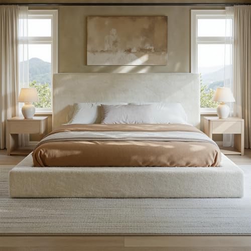 Evermagin White King Upholstered Bed Frame with Headboard Soft Frame Cloud Bed with Adjust 2 Bedside Table Modern Platform Cushion Bed Frame for Bedroom No Box Spring Required Easy Assembly