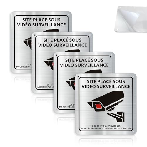 Autocollant Panneau Video Surveillance Aluminium Adhesif 15×15cm, Pancarte Site Sous Camera Surveillance Adhesive, Résistant aux UV, Avec Trous Percés(Lot...