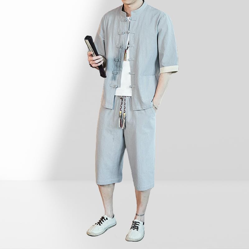 Ensemble coton lin homme style chinois aux finitions soignées - 5