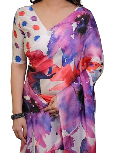 Image of ALMAARI FASHION Satin Georgette Floral Printed Saree with Blouse, 5.5 Meter Saree with 0.8 Meter Blouse, Traditional (SG 112 H)