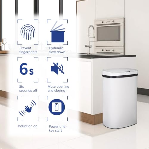 Image of BestOffice | 13 Gallon Stainless Steel Trash Can with Lid | White | Automatic Touchless Garbage Can | Odor Control | Modern Oval Design | Easy to Clean | For Kitchen, Bathroom, Office or Home