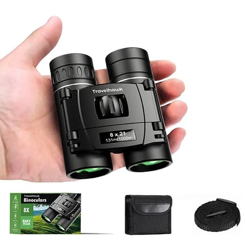 TravelHawk Prismáticos compactos 8 x 21 FMC, prismáticos compactos para adultos y niños, BAK4, prisma, impermeable, para observación de aves, caza, viajes, safari, con bolsa de transporte y correa de