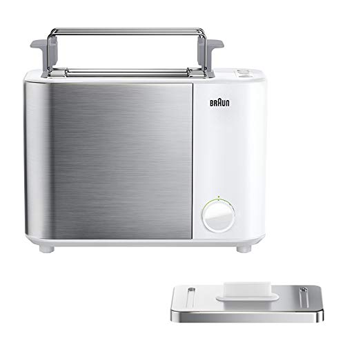 Braun IDCollection HT5010 WH - Tostadora doble ranura para tostadas de un lado, 13 grados de tostado, función descongelación, incluye accesorio para panecillos, 1000 W, color blanco y acero inoxidable