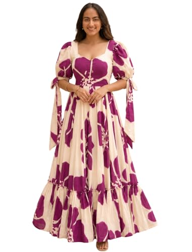 Image of Modestouze Attires Women's Floral Pattern Rayon Blend Maxi Dress with Sweetheart Neck Half Puff Sleeve Floor Length and Zipper Closure Type | Maxi Dress for Women Stylish | Dress for Women