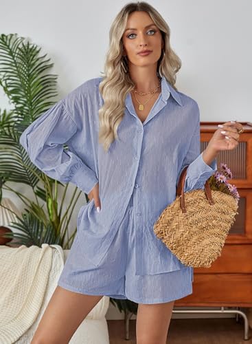 Image of Fixmatti 2 Piece Outfits Long Sleeve Button Down Shirt and Shorts Sweatsuit Lounge Sets