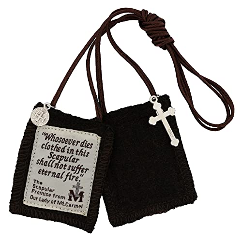 Escapulario católico marrón | Incluye crucifijo y medalla de San Benito de metal plateado | Nuestra Señora del Monte Carmelo | Tradicional | 100% lana | Hecho en Italia