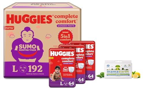 Image of Huggies Wonder Pants Diapers Sumo Pack, Large (192 Count) & Mamaearth Natural Repellent Mosquito Patches For Babies with 12 Hour Protection,White,Pack of 1