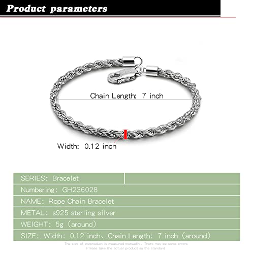 Men Diamond Cut 925 Sterling Silver 3mm Twist Rope Chain Bracelets Women Bangle Clasp Rope Box Chain link 6.3" 6.7" 7" 7.5" 8" 8.5" 9" Cuff Jewelry Gifts3
