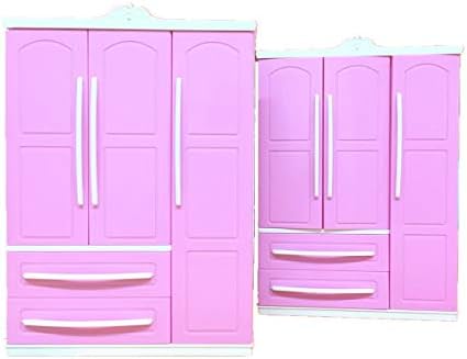 WOWOWO Wardrobe Three-door Pink Modern Wardrobe Play set for Barbi Furniture Can Put Shoes