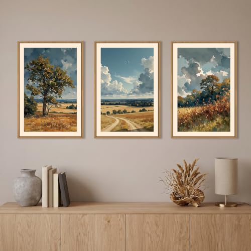 Image of KAIRNE Vintage Country Landscape Framed Canvas Wall Art,Watercolor Pastoral Tree Wall Decor,Neutral Fall Scenery Art Prints,Retro Field Wilderness Artwork for Living Room,Bedroom,Farmhouse-16 x24 x3