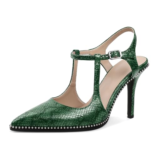 Image of SAMMITOP Womens High Heels Ankle Strap Pointed Toe Stilettos Patent Leather Beaded Pumps Dress Shoes 3.5 Inch