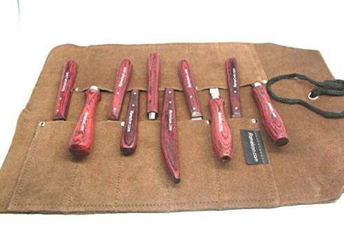 10 Wood Chip Wood Carving Knives With Roughing And Chip & 10 Pocket Leather Roll #TOP1