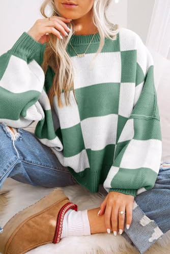 Image of Women's Casual Crew-Neck Long Sleeve Sweater Checkered Pullover Knit Sweaters Jumper Top