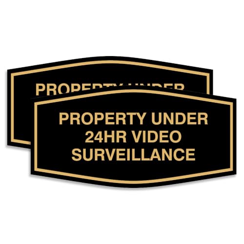 All Quality Fancy Property Under 24Hr Video Surveillance Sign | Property Security Sign with Easy Installation | 24/7 Security Monitoring (Black/Gold) - Medium 2 Pack