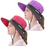 2 Pieces 5-14Y Kids Summer Sun Hat Wide Brim UV Protection for Girls Ponytail Beach Bucket Cap (Purp