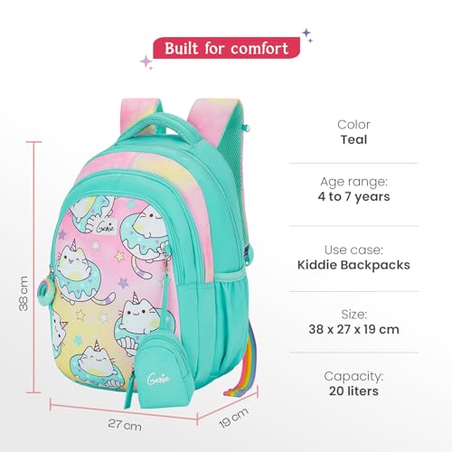 Image of Genie School Backpack for Girls |15 In-20 Ltr with Three Compartments,Side Pockets and Light Weight with Padded Shoulders |Best for Books,Stationery, Lunch Box & Essentials