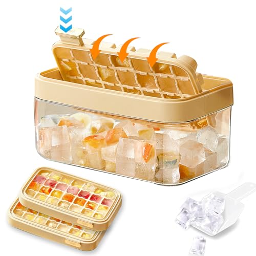 新型 製氷皿 蓋付き アイストレー 氷収納ボックス付き 56セル製氷機 革新的なフリップデザインで簡単に取り出し可能 家庭用 水筒に入る 製氷+保存 二重機能 製氷皿2枚 アイススコップ 付属 四角氷【ひっくり返して氷を取り出し】 (オレンジ)