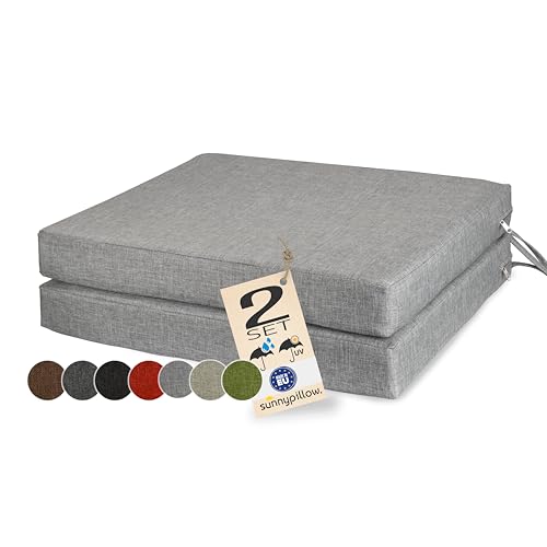 sunnypillow 2er Set Stuhlkissen 45 x 45 cm wasserdicht UV-lichtecht 7cm dick - Outdoor Polsterauflage mit Bändern - Auflage für Stühle,Bänke - Sitzkissen Stuhlauflage für Haus und Garten - Grau