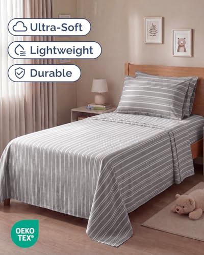 Image of Twin 4 Piece Bed Sheet Set - Breathable & Cooling Sheets - Grey Stripes | Ultra Soft Hotel Luxury Bedding Set with 8-16 Inch Deep Pockets, 1 Flat & 1 Fitted Sheet & 2 Pillowcases, Wrinkle & Fade Free
