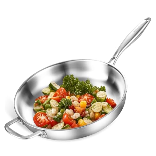 DELARLOCHEF Edelstahlpfanne, Unbeschichtete Bratpfanne für Induktion, Durchgehend 3-lagig, Backofenfest bis 400°C, Spülmaschinengeeignet