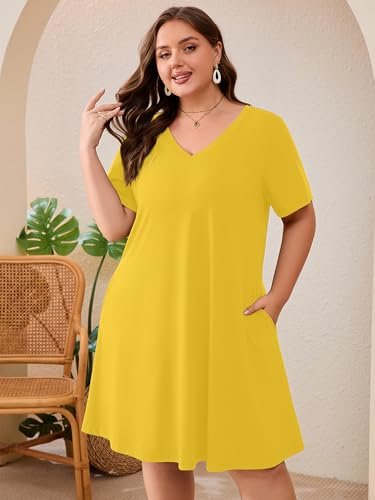 Image of AusLook Plus Size Midi Dress for Women Loose V Neck Short Sleeve Summer Casual A Line T Shirt Sundresses with Pockets 1X-5X