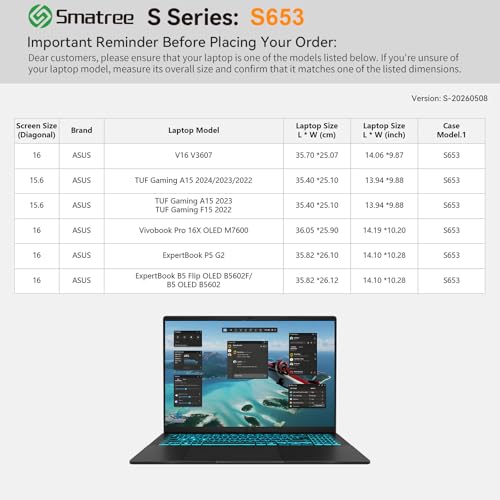 Image of Smatree SlimPro Laptop Case for 16 inch ASUS V16 V3607 | Compatible for TUF Gaming A15 2024 /2023 /2022, for Vivobook Pro 16X OLED M7600, ExpertBook B5 Flip OLED B5602F, Case(S653)