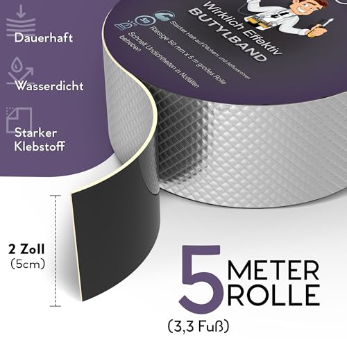 DIY Doctor Butylband – 50mm x 5m – Aluminium Wasserdichtes Reparaturband für Dachlecks – Robustes Outdoor-Dichtungsband