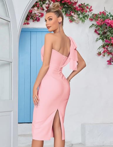 Image of Mesh One Shoulder Bow Bodycon Midi Graduation Birthday Dinner Dress Bandage Party Dress