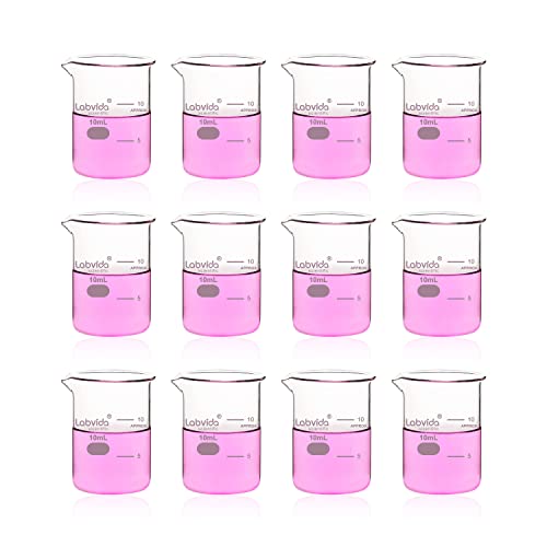 Upgrated 10ml Beaker set, 12pcs of beaker shot glasses, Low Form Glass Beakers set, 3.3 Boro with Printed Graduation, LVA036