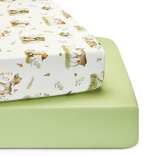 Image of TILLYOU Baby Crib Sheets for Boys Girls, Super Soft Toddler Bed Sheets, 2 Pack Sheets for Standard Crib Mattress 28x52in, Playing in The Woods and Green