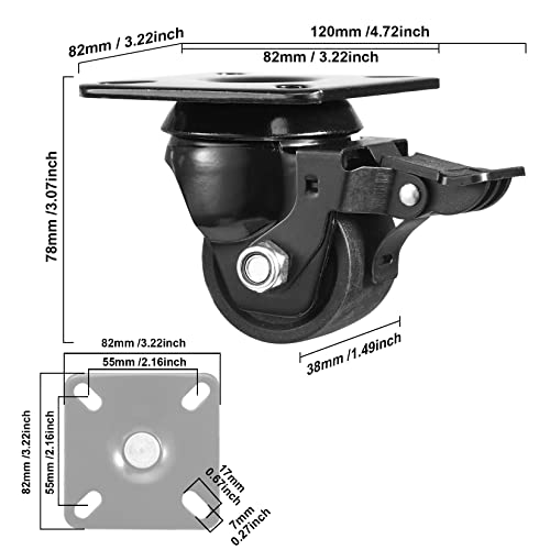 W B D Weibida 2-Inch Plate Swivel Caster Wheels Set Of 4 Heavy Duty, Load Capacity 2200Lbs, Low Gravity Center Black Extra Width Caster With Brake, Durable & Quiet & Sturdy Nylon Wheels For Industrial #TOP4