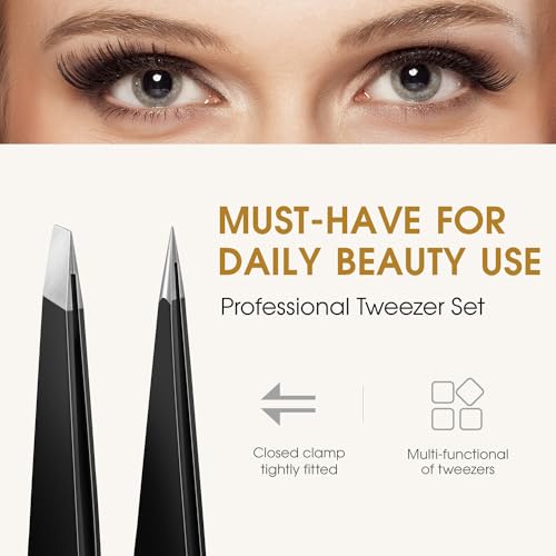 TsMADDTs Slant and Point Tip Tweezers for Women and Men, 2-Pack Professional Stainless Steel Precision Tweezers for Eyebrows, Facial Hair, Ingrown Hair Removal