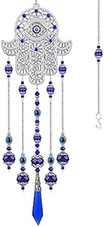Crystal Prism Suncatcher Ornament with Hamsa Fatima Hand Protection Charm Turkish Greek Blue Evil Eye Sapphire Crystals Beads for Window Hanging Decoration
