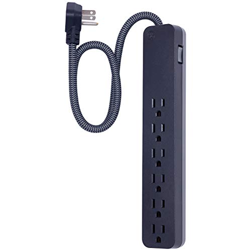 GE UltraPro 6 Outlet Surge Protector, 2 Ft Designer Braided Extension Cord, Flat Plug, Wall Mount, Black, 45266