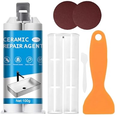 Foto di Set di riparazione per piastrelle bianco 100g - Set di riparazione universale per ceramica, vasche da bagno, lavandini - Sigillatura di graffi, buchi, crepe in smalto, porcellana e acrilico