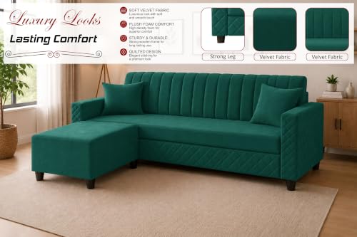 Image of 3 Seater Velvet Sofa with Ottoman | Modern Upholstered Couch | Quilted Design | Soft Comfortable Seating | Sturdy Wooden Frame | Living Room, Office- Green