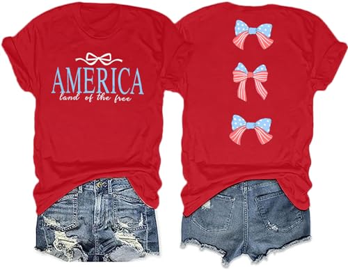 MNLYBABY America Shirts for Women Cute Patriotic Bow Shirt 4th of July Tshirt America Flag Bow Tee Independence Day Outfits