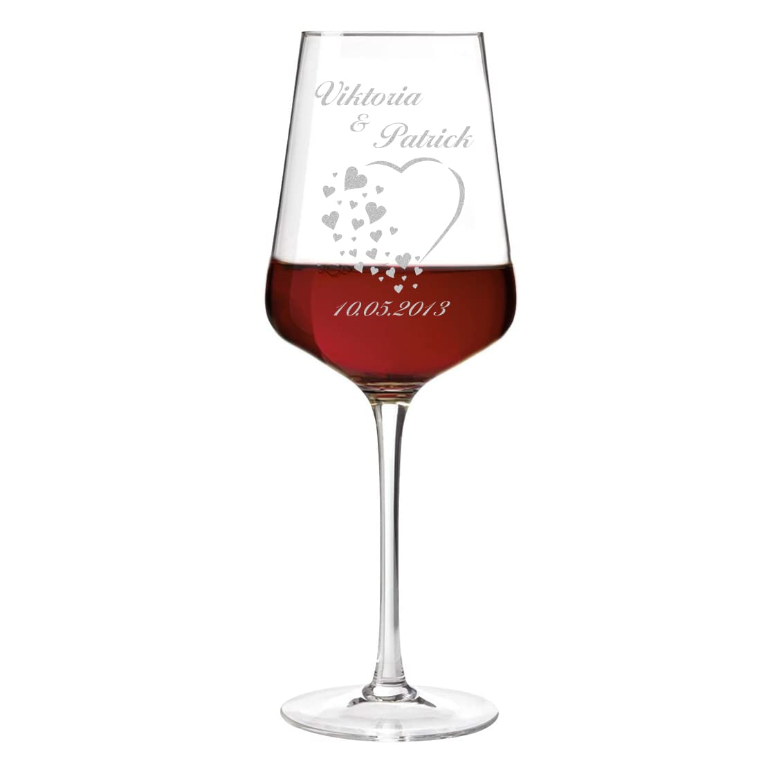 3-tlg Wein-Set mit personalisierter Wunschgravur - Motiv Herz mit kleine Herzen - 2x Leonardo Weißweingläser Puccini 560 ml, 1x Holzkiste - nachhaltig - DIY Geschenk - Hochzeit, Heirat - Paar